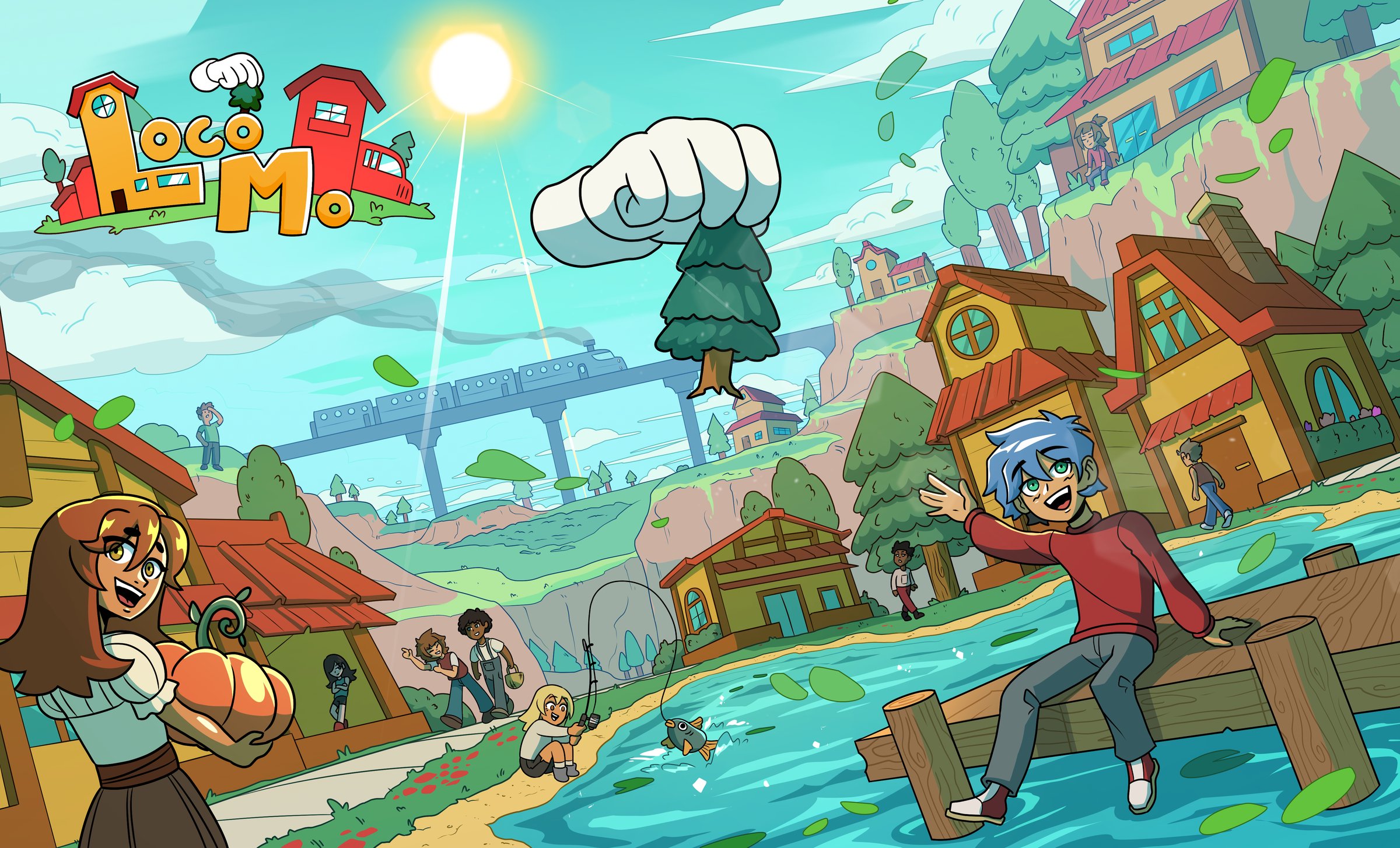 LocoMo key art, a cozy village with villagers, a train, and a hand planting a tree